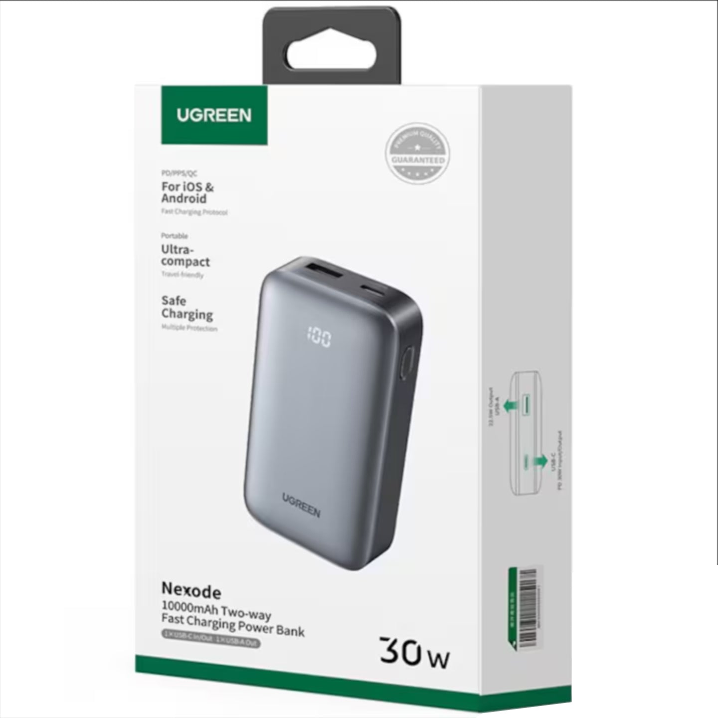 UGREEN PB502 External Battery, 10000mAh, 30W, QC + PD, 1 x USB-A - 1 x USB-C, Grey
