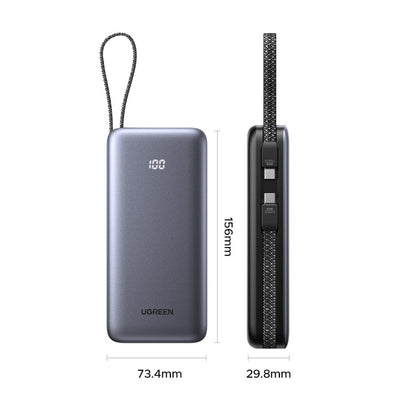 UGREEN PB528 External Battery (55985B), 20000mAh, 30W, QC + PD, 1 x USB-A - 3 x USB-C, Gray
