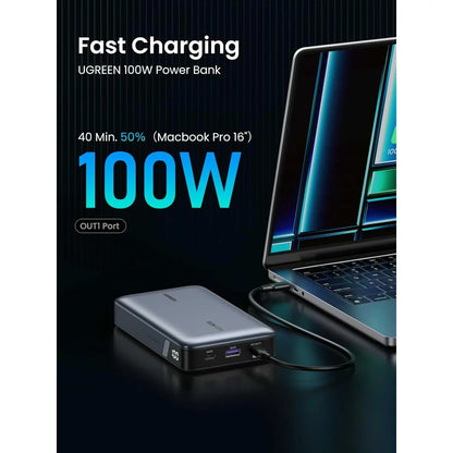 UGREEN PB720 Nexode External Battery, 20000mAh, 100W, QC + PD, 1 x USB-A - 2 x USB-C, Grey, Resealed