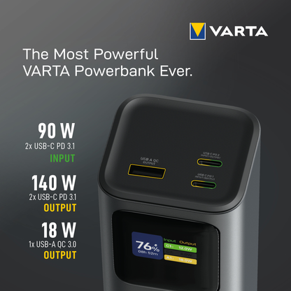 Varta High Speed External Battery, 27000mAh, 140W, QC + PD, 1 x USB-A - 2 x USB-C, Black