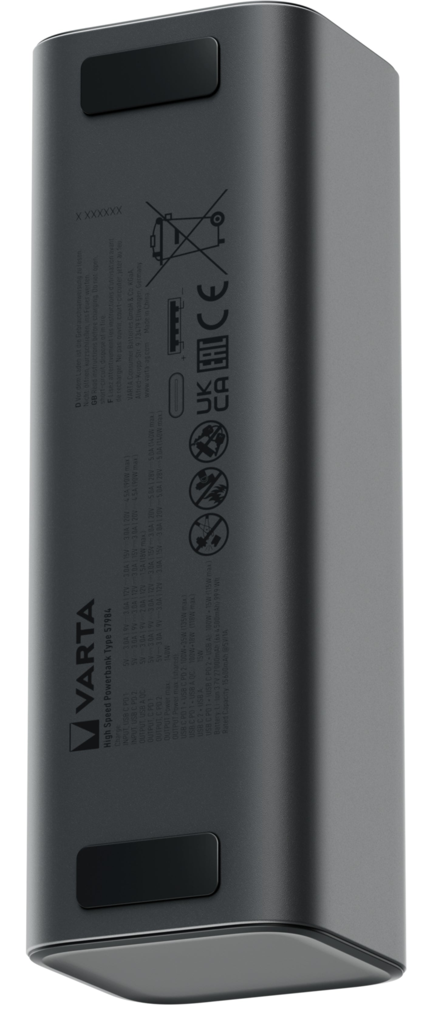 Varta High Speed External Battery, 27000mAh, 140W, QC + PD, 1 x USB-A - 2 x USB-C, Black