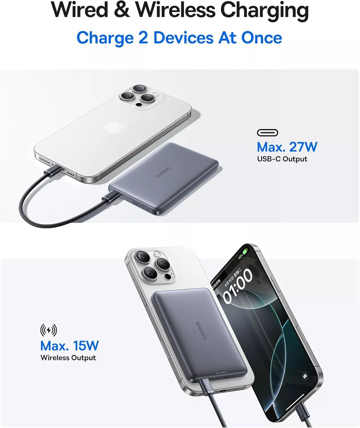 Baseus PicoGo AM41 Wireless External Battery, 10000mAh, 27W, PD + FQI, 1 x QI - 1 x USB-C, Gray E0027200