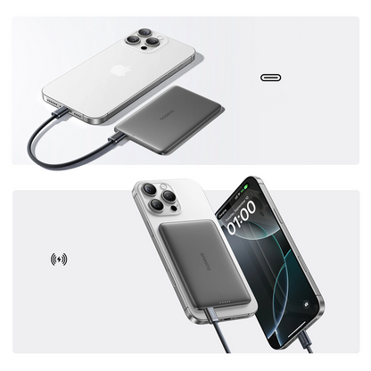 Baseus PicoGo AM41 Wireless External Battery, 5000mAh, 20W, PD + FQI, 1 x QI - 1 x USB-C, Black