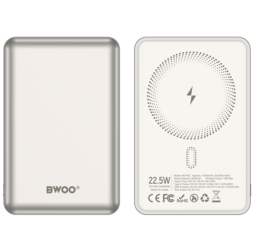 Wireless External Battery BWOO BO-P82, 10000mAh, 22.5W, PD + FQI, 1 x QI - 1 x USB-C, White