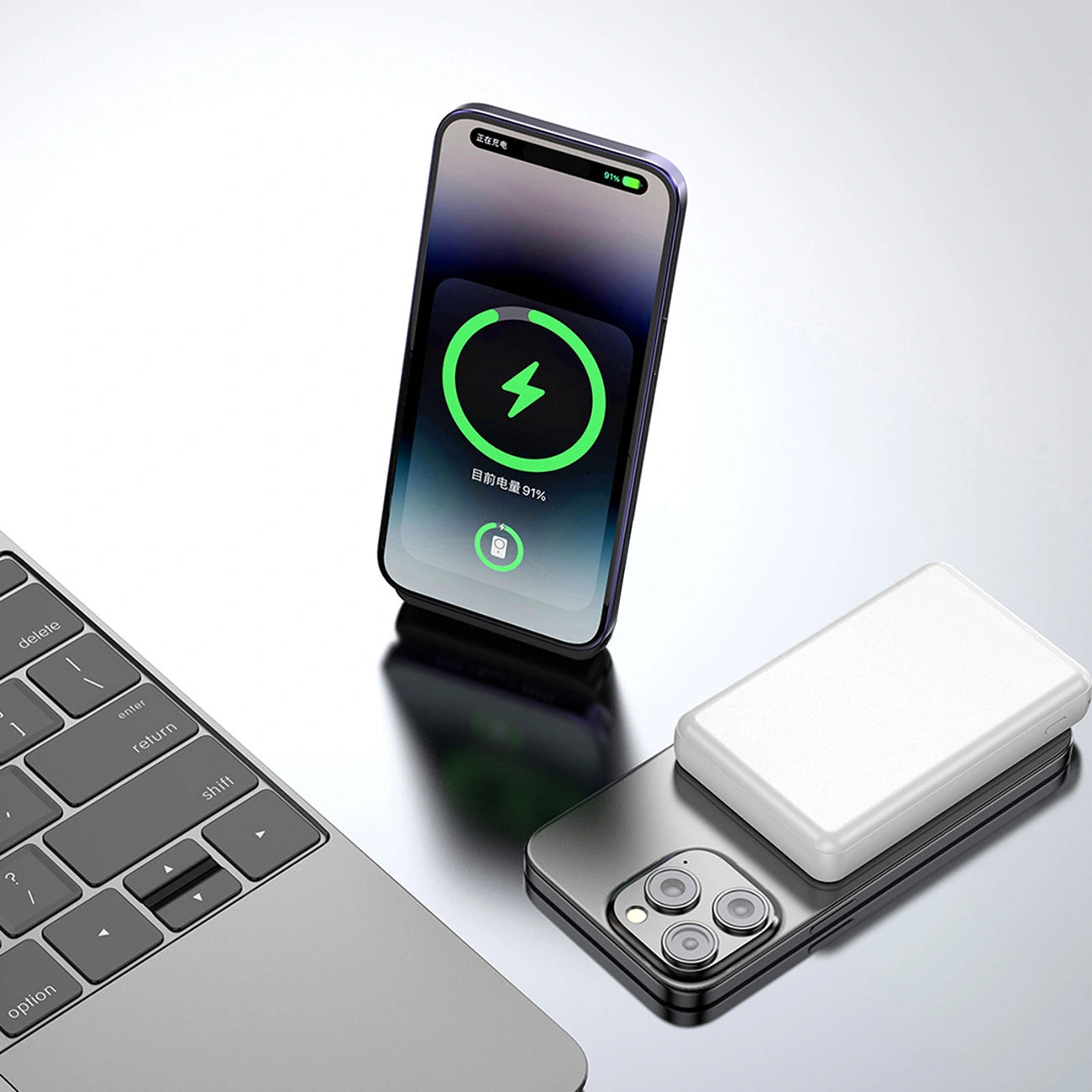 Wireless External Battery Dudao K14S, 5000mAh, 20W, QC + PD + FQI, 1 x QI - 1 x USB-A - 1 x USB-C, White