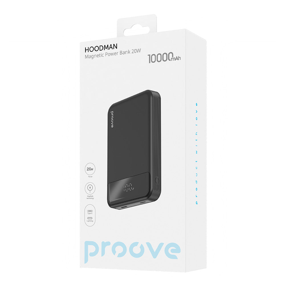Proove Hoodman Wireless External Battery, 10000mAh, 20W, PD + FQI, 1 x QI - 1 x USB-C, Black PBH120010001