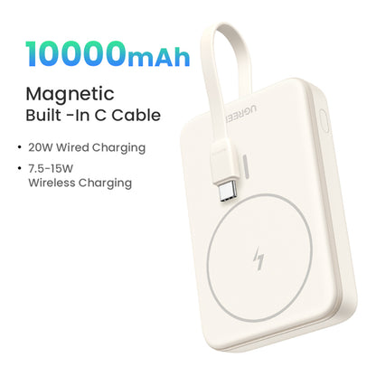 UGREEN PB760 Wireless External Battery, 10000mAh, 20W, PD + FQI, 1 x QI - 1 x USB-C, Beige