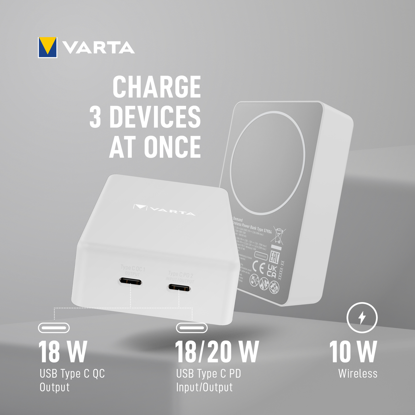 Varta Mag Pro Wireless External Battery, 10000mAh, 20W, 1 x QI - 2 x USB-C, White