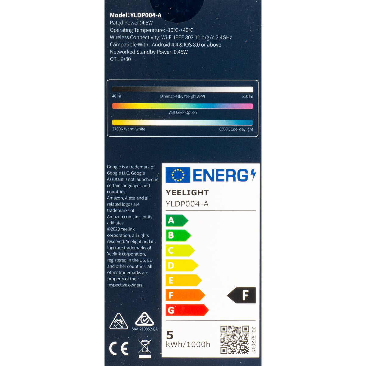 Yeelight W1 LED Bulb, Wi-Fi, GU10, 4.5W, 2700K - 6500K, 350lm, Set of 4 pieces, Multicolor YLDP004-A
