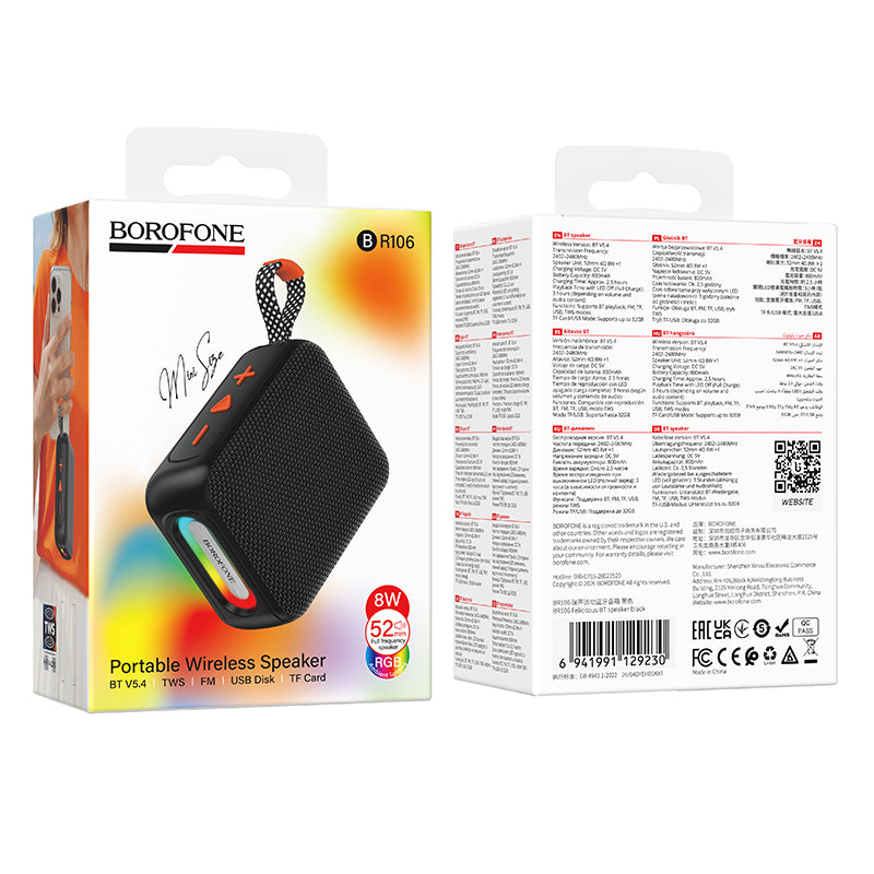 Borofone BR106 Felicitous Portable Bluetooth Speaker, 8W, TWS, RGB, Black