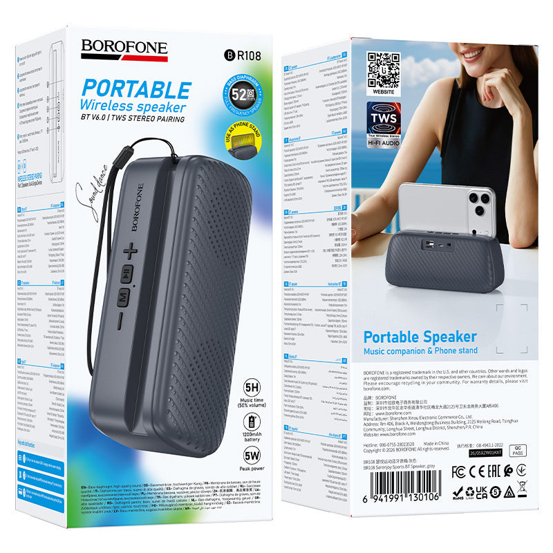 Borofone BR108 Serenjoy Portable Bluetooth Speaker, 5W, TWS, Gray