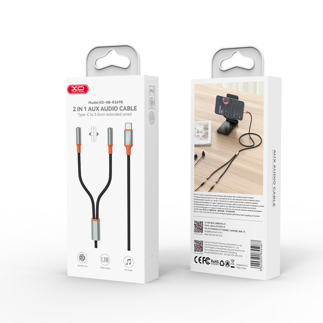 USB-C Audio Splitter Cable - 2 x 3.5mm XO Design NB-R269B 2in1, 1.2m, Black 