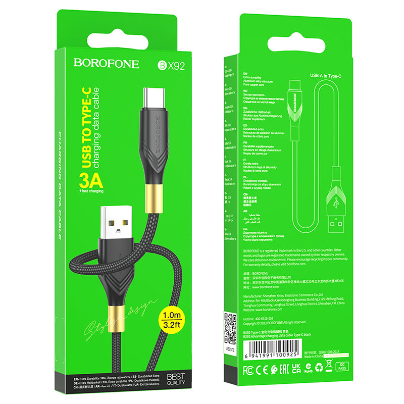 Data and Charging Cable USB-A - USB-C Borofone BX92 Advantage BX92, 18W, 1m, Black 