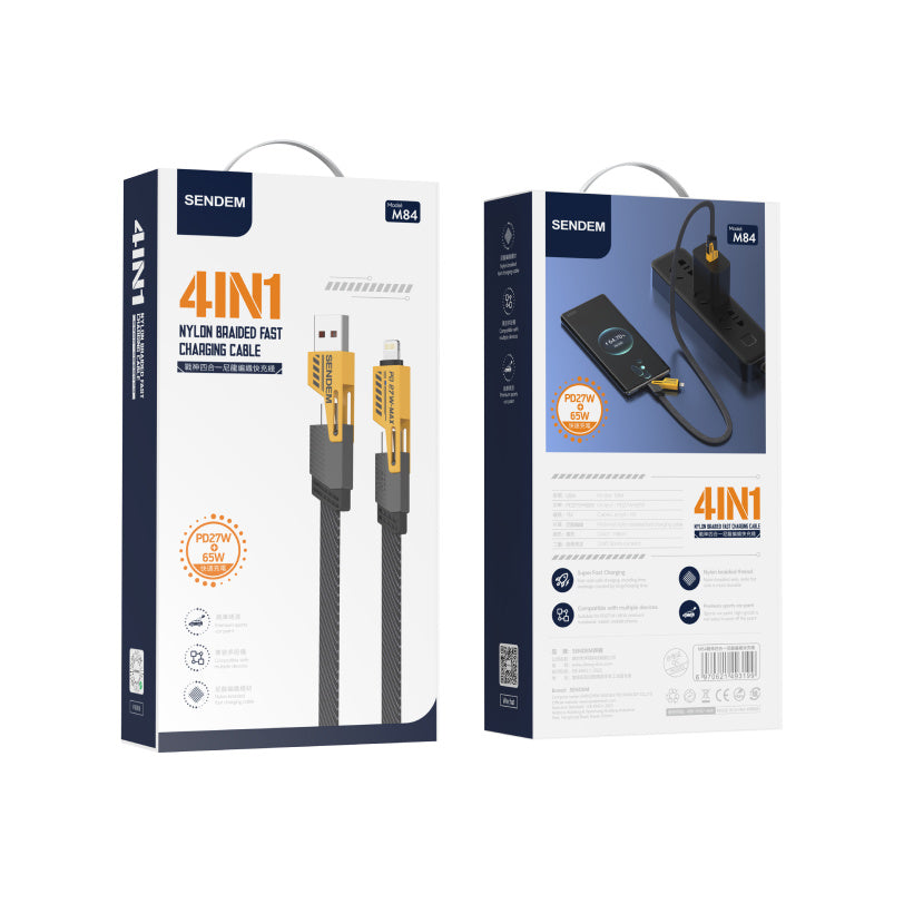 Data and Charging Cable USB-A / USB-C - Lightning / microUSB Sendem M84 2in1, 65W, 1m, Yellow 