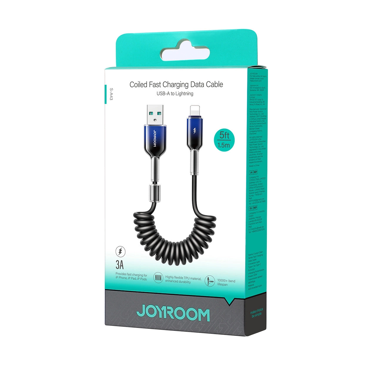 USB-A - Lightning Joyroom S-A43 Crystal Data and Charging Cable, 18W, 1.5m, Black