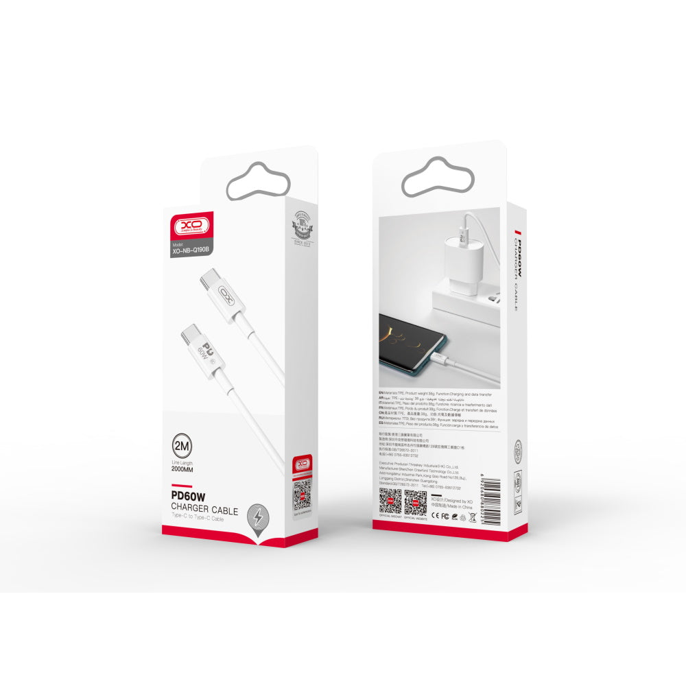 USB-C Data and Charging Cable - USB-C XO Design NB-Q190B, 60W, 2m, White