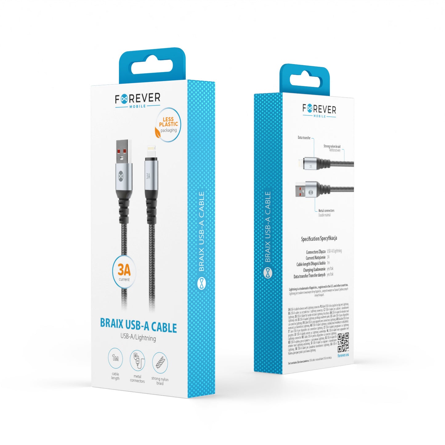 USB-A to Lightning Forever Braix Data and Charging Cable, 18W, 1m, Black