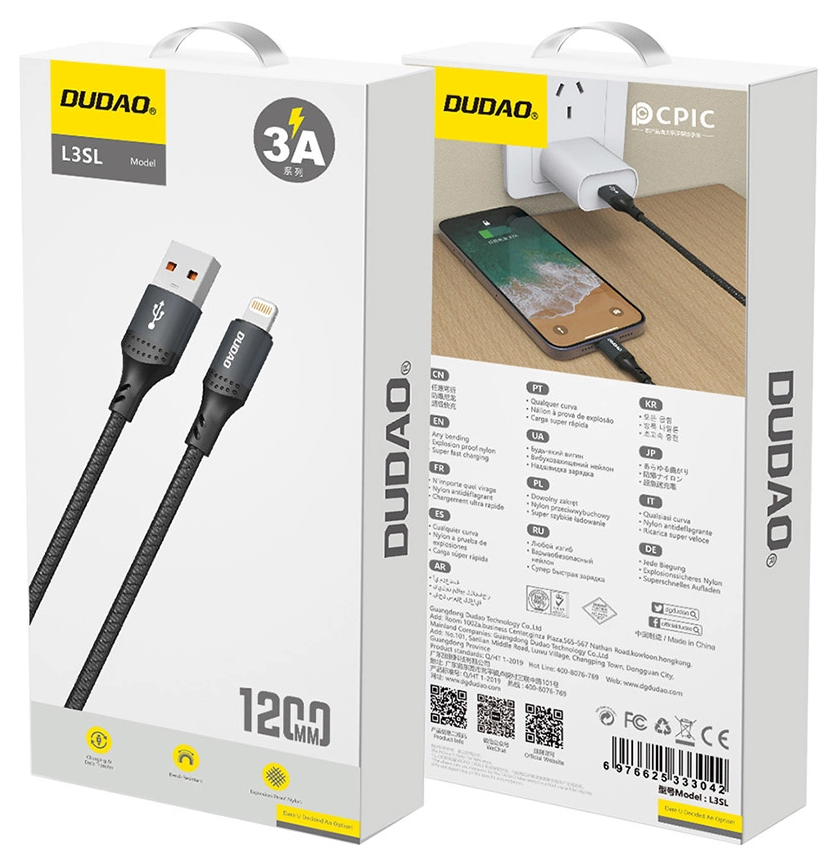 USB-A to Lightning Data and Charging Cable Dudao L3SL, 30W, 1.2m, Black