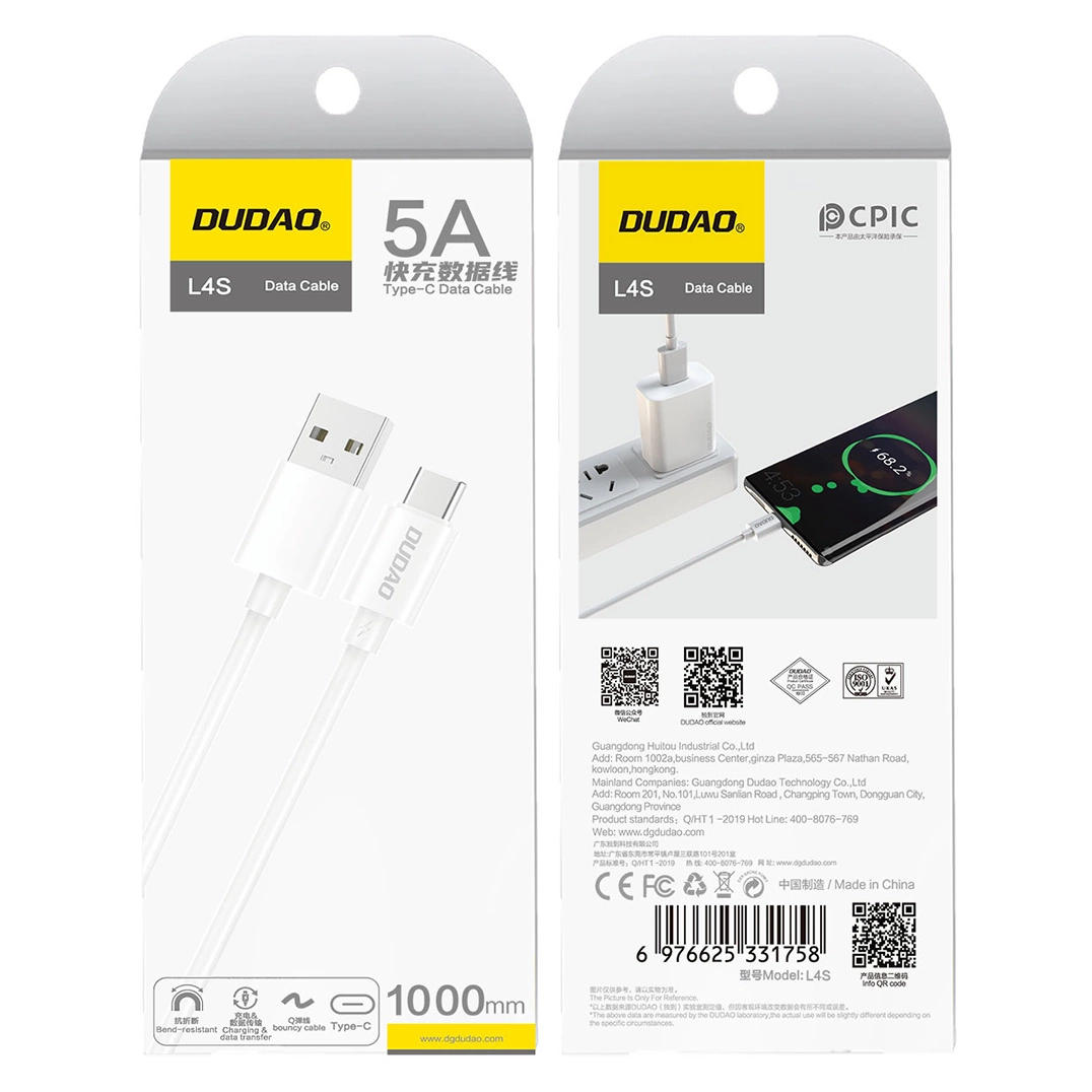 USB-A to USB-C Data and Charging Cable Dudao L4ST, 100W, 1m, White