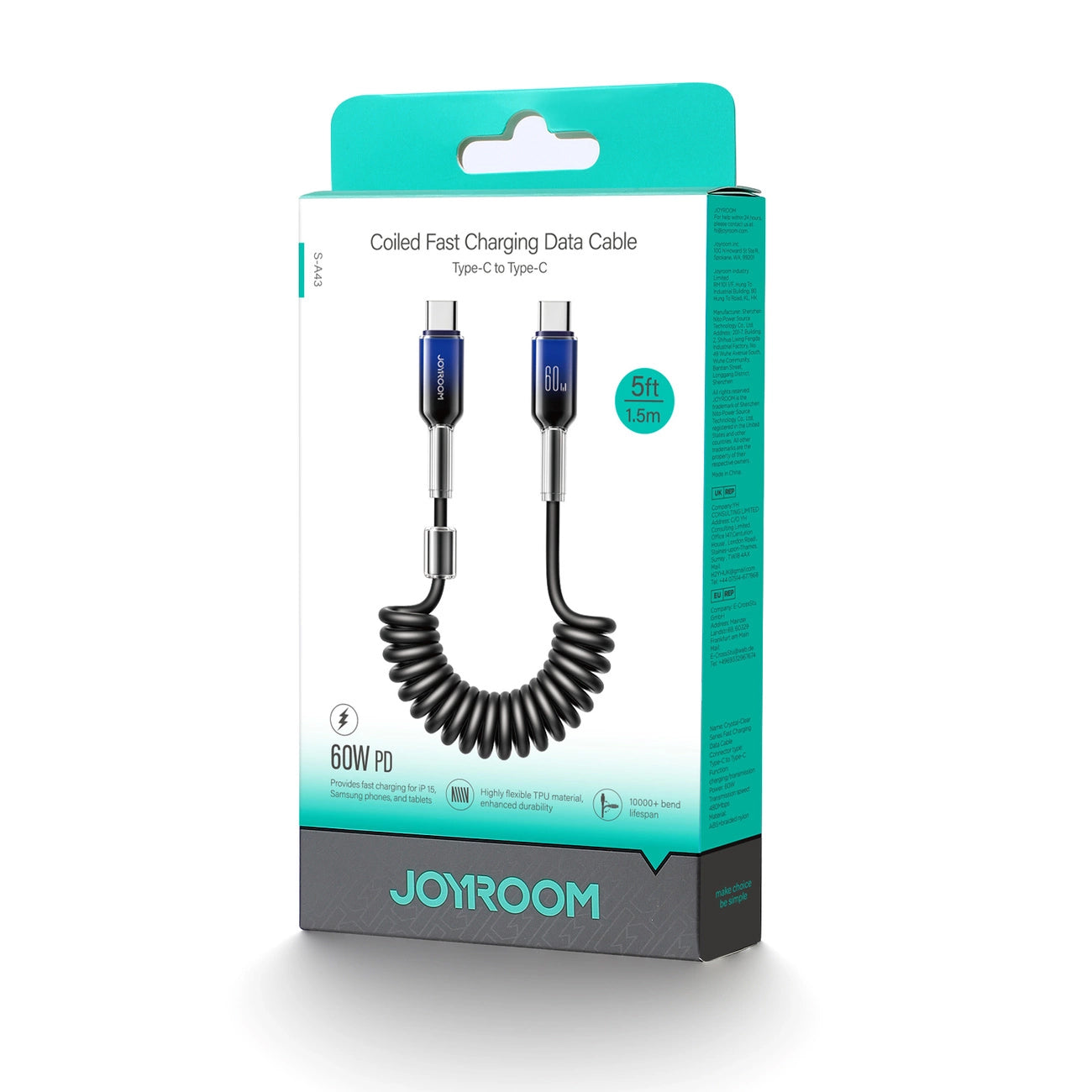 USB-C Data and Charging Cable - USB-C Joyroom S-A43 Crystal, 60W, 1.5m, Black