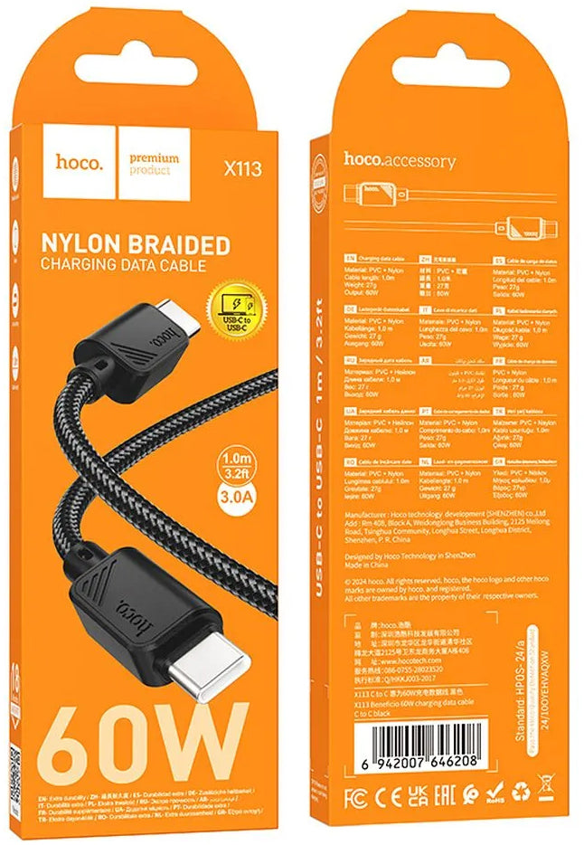 USB-C Data and Charging Cable - USB-C HOCO X113, 60W, 1m, Black