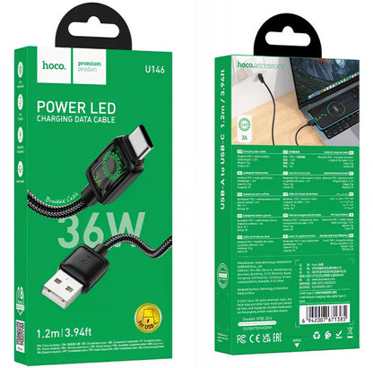 USB-A to USB-C Data and Charging Cable HOCO U146, 36W, 1.2m, Black