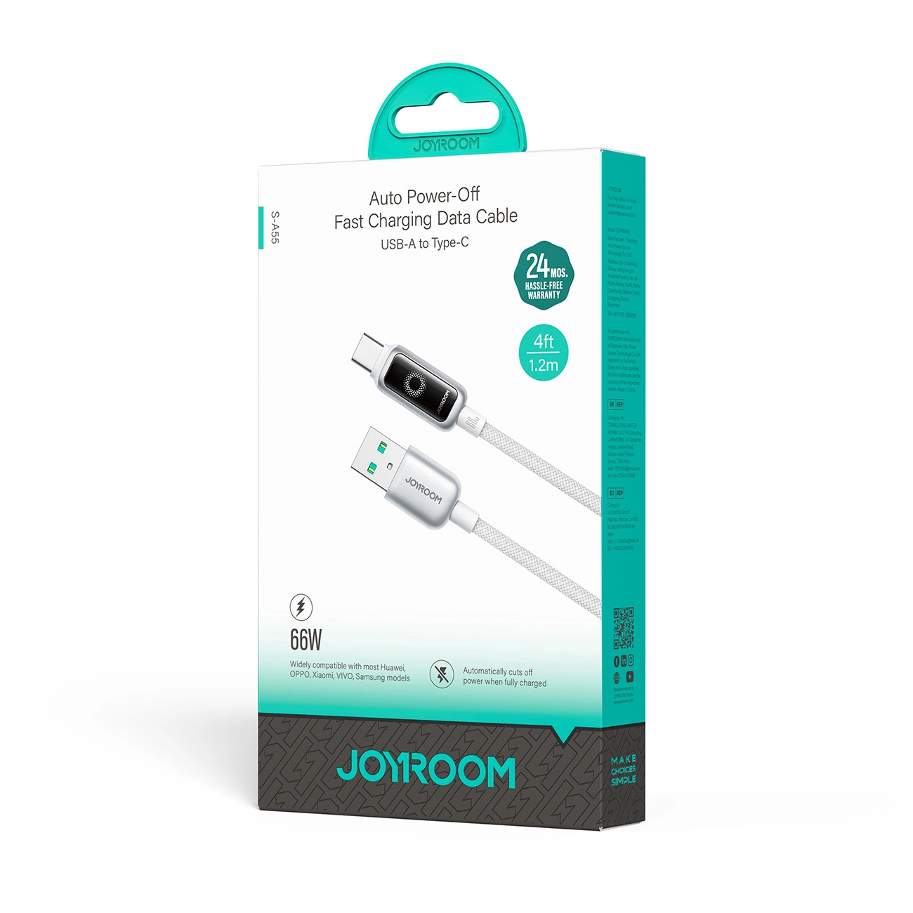 USB-A to USB-C Data and Charging Cable Joyroom S-A55 StarFlight Display, 66W, 1.2m, White