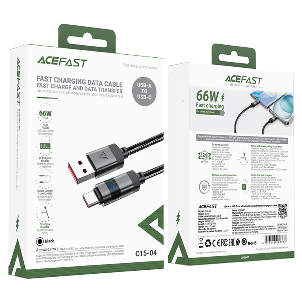USB-A to USB-C Acefast C15-04 Display Data and Charging Cable, 66W, 1.2m, Black