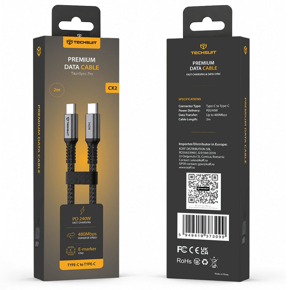 USB-C Data and Charging Cable - USB-C Techsuit TitanSync Pro CX2, 240W, 2m, Gray