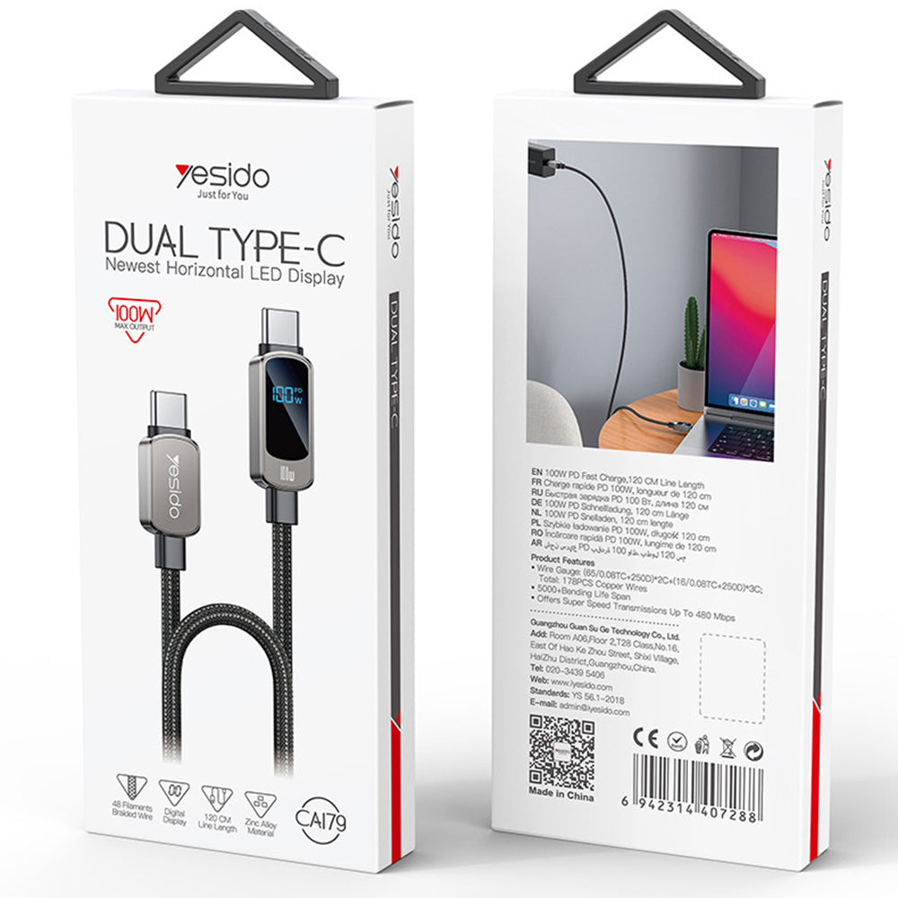 USB-C Data and Charging Cable - USB-C Yesido CA179 Display, 100W, 1.2m, Black