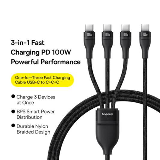 USB-C Charging Cable - 3 x USB-C Baseus Flash Series III 3in1, 100W, 1.5m, Black P10377503111-00
