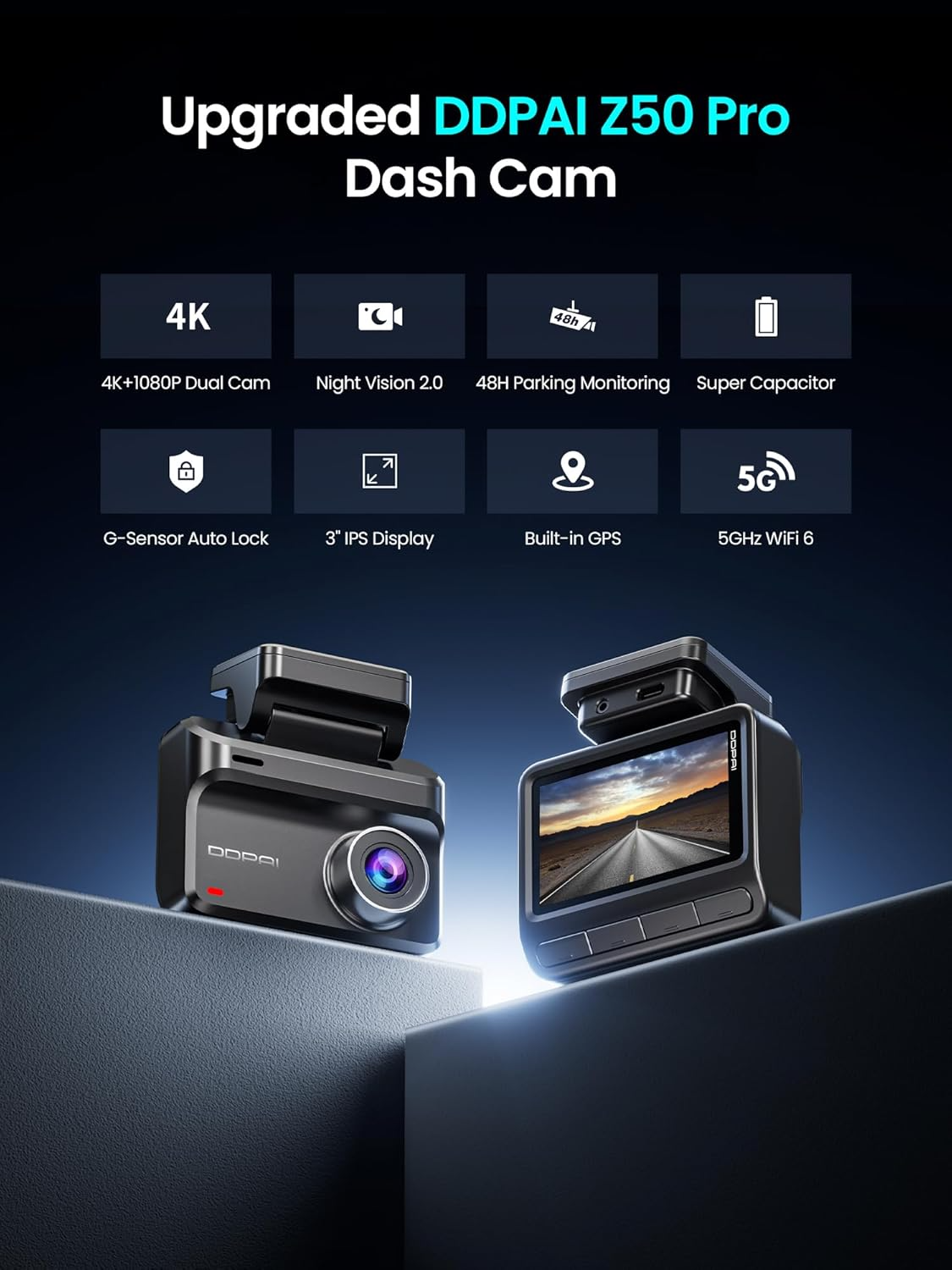 DDPAI Z50 Pro Dual Front and Rear Car Camera, 4K, Wi-Fi, GPS, 3-inch Display