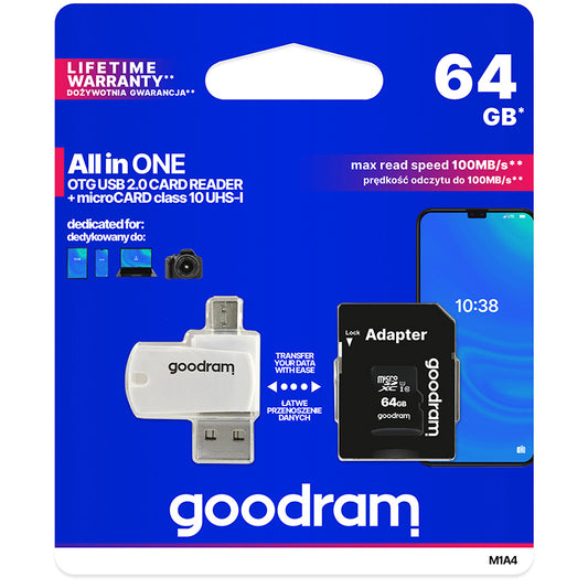 GoodRam microSDXC Memory Card, 64GB, Class 10 / UHS-1 U1, With Card Reader and Adapter M1A4-0640R12