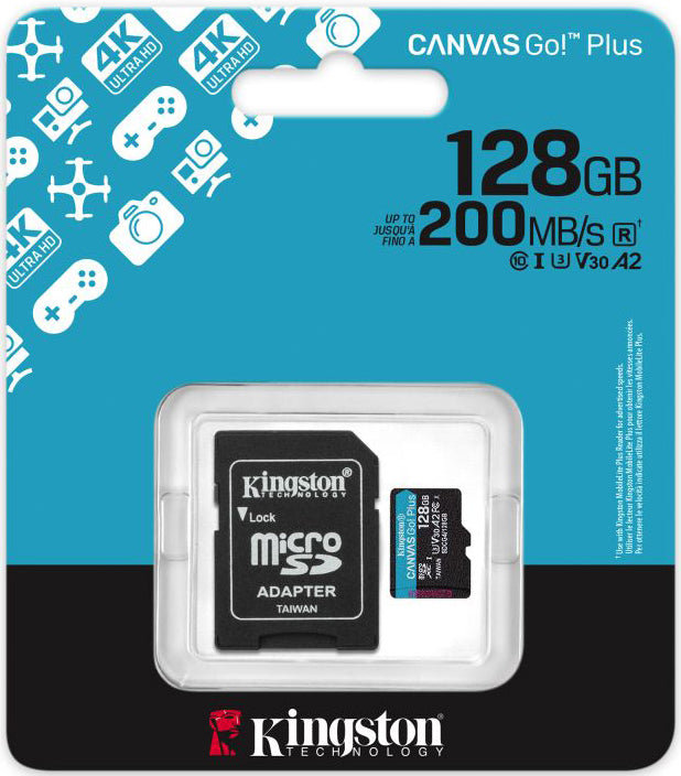 Kingston Canvas Go Plus microSDXC Memory Card Android A2, 128Gb, Class 10 / UHS-1 U3, With Adapter SDCG4/128GB