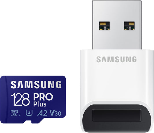 Samsung PRO Plus microSDXC Memory Card, 128Gb, Class 10 / UHS-1 U3, With Card Reader and Adapter MB-MD128KB/WW