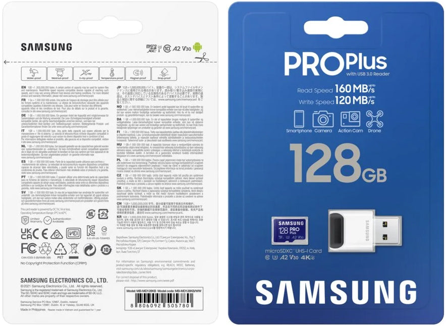 Samsung PRO Plus microSDXC Memory Card, 128Gb, Class 10 / UHS-1 U3, With Card Reader and Adapter MB-MD128KB/WW