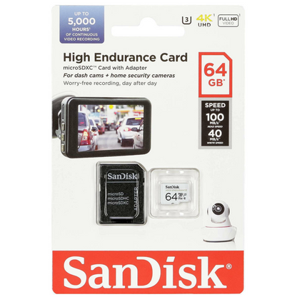 SanDisk High Endurance microSDXC Memory Card, 64Gb, Class 10 / UHS-1 U3, With Adapter SDSQQNR-064G-GN6IA