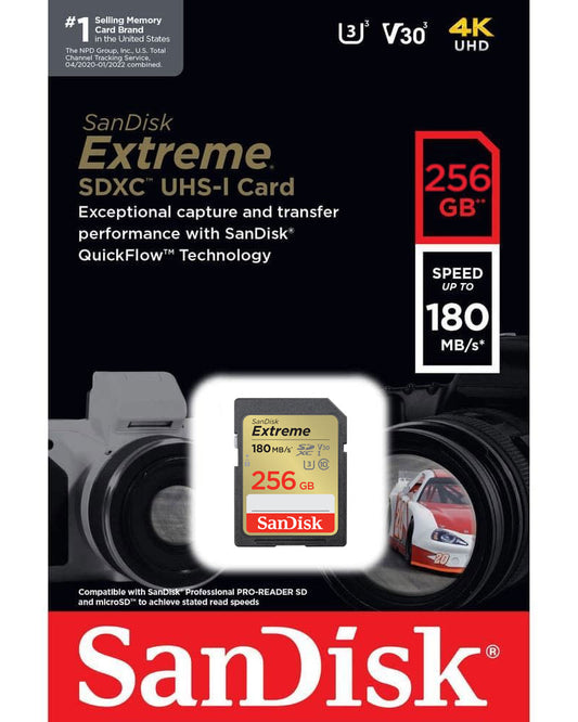 SDXC SanDisk Extreme Memory Card, 256GB, Class 10 / UHS-1 U3 SDSDXVV-256G-GNCIN