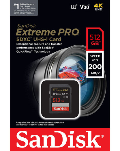 SanDisk Extreme Pro SDXC Memory Card, 512GB, Class 10 / UHS-1 U3 SDSDXXD-512G-GN4IN