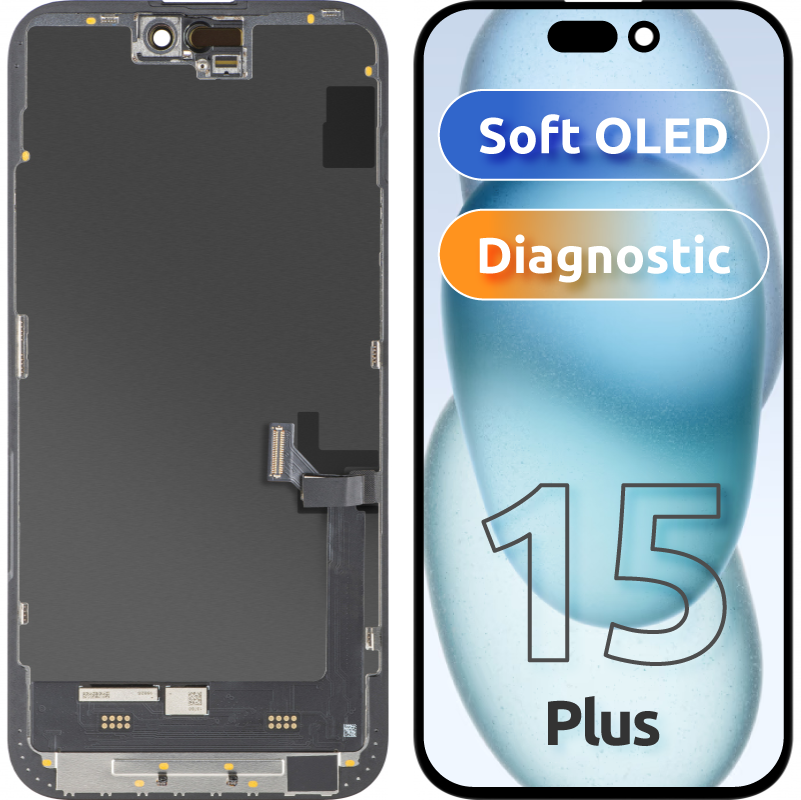 MP Touchscreen Display compatible with Apple iPhone 15 Plus, with Frame, Soft OLED FHD Diagnostic Version, Black