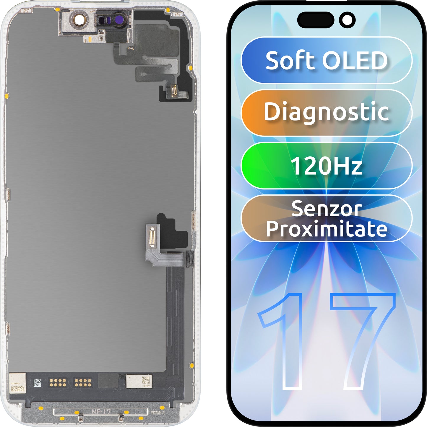 Touchscreen Display with Proximity Sensor MP compatible with Apple iPhone 17, with Frame, OLED FHD 120Hz Diagnostic Soft Version, Black