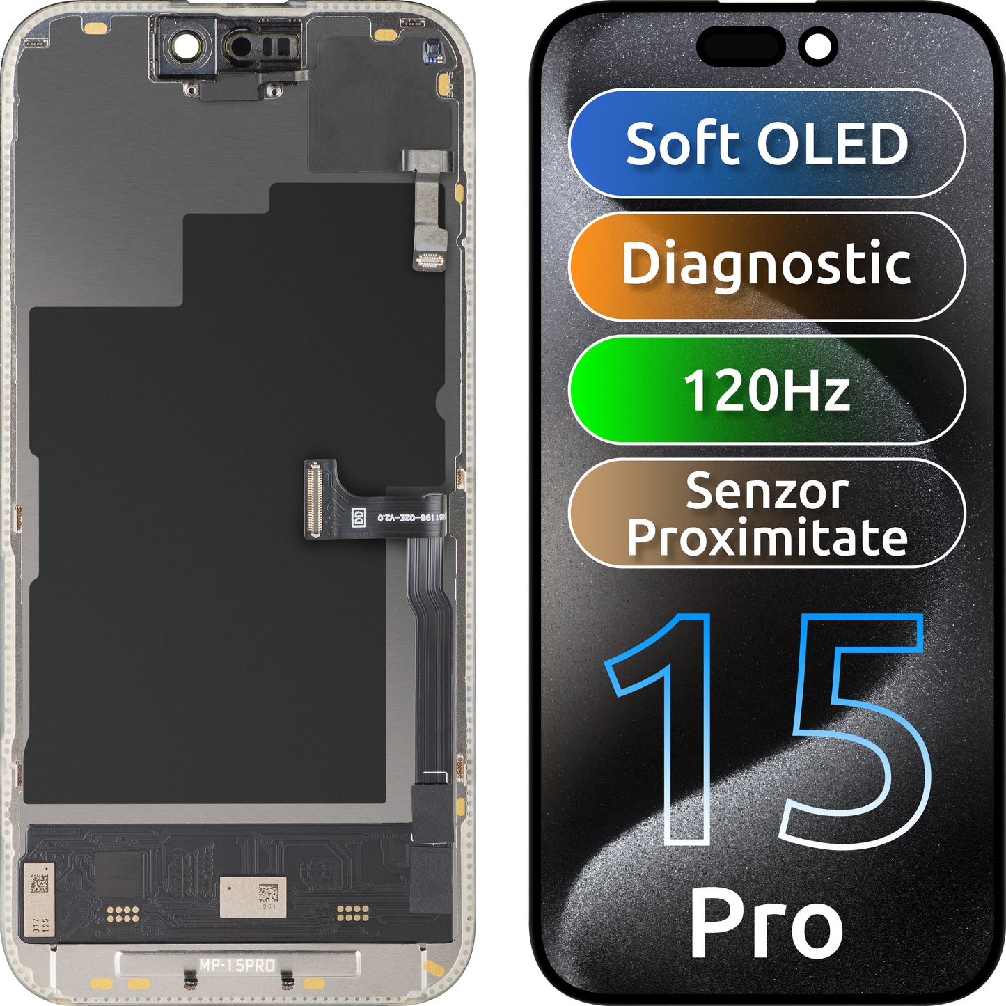Touchscreen Display with Proximity Sensor MP compatible with Apple iPhone 15 Pro, with Frame, OLED FHD 120Hz Diagnostic Software Version, Black