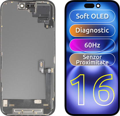 Touchscreen Display with MP Proximity Sensor compatible with Apple iPhone 16, with Frame, OLED FHD Diagnostic Software Version, Black