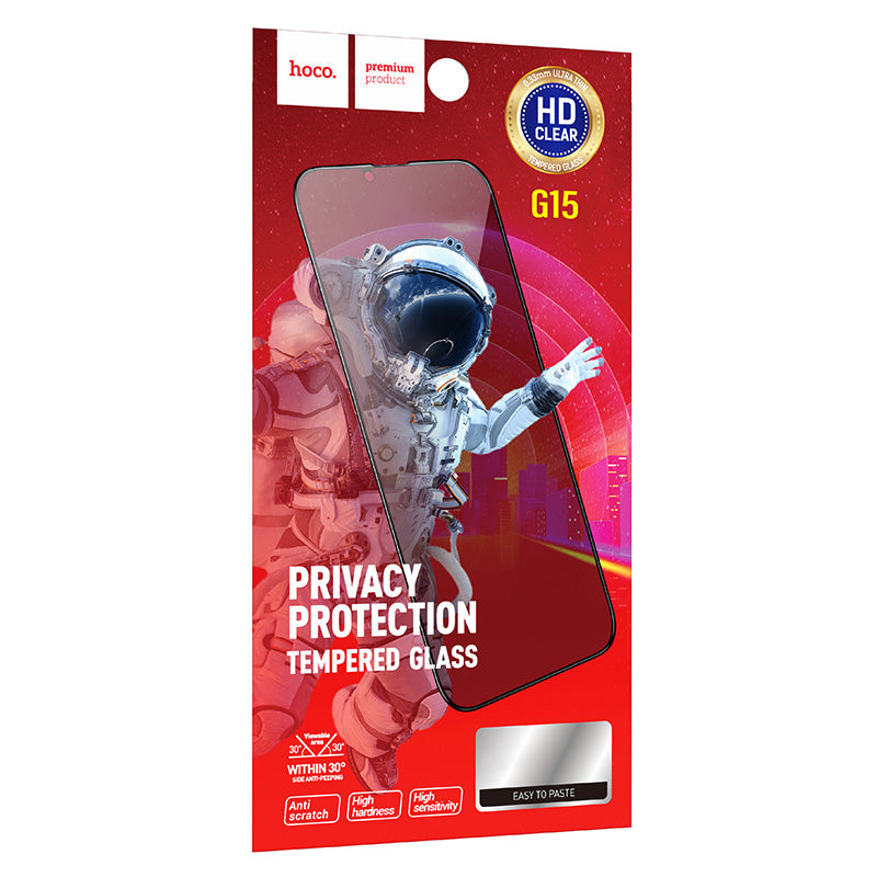 HOCO G15 Privacy Screen Protector for Apple iPhone 15 Pro, Tempered Glass, Full Glue, 5D