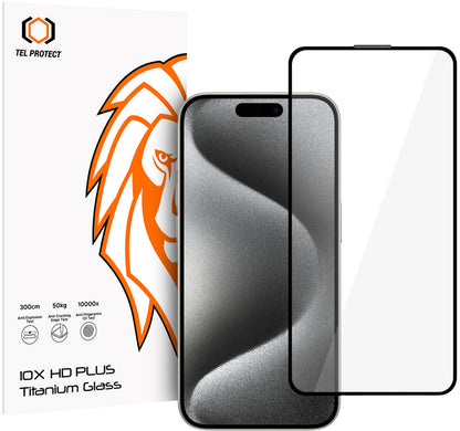 Tel Protect 10X HD Plus Titanium Screen Protector for Apple iPhone 17 / 16 Pro, Tempered Glass, Full Glue, Black