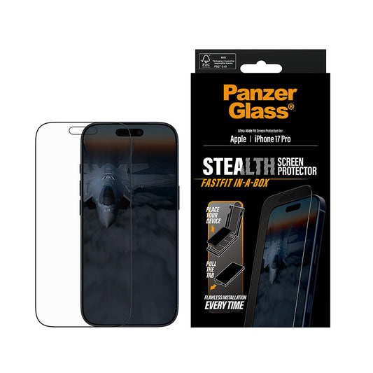 PanzerGlass Ultra-Wide Fit Stealth Fastfit Screen Protector for Apple iPhone 17 Pro, Tempered Glass, Full Glue, Black