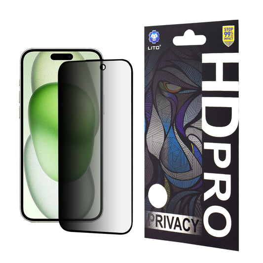 Privacy Screen Protector Lito HD Pro for Apple iPhone 15 Plus, Tempered Glass, Full Glue
