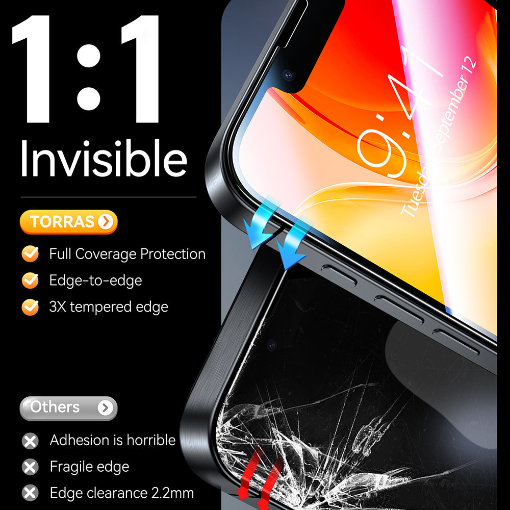 Torras GlassGo Install Master Screen Protector for Apple iPhone 17e / 16e / 14 / 13 Pro, Tempered Glass, Full Glue, Set of 2 pieces