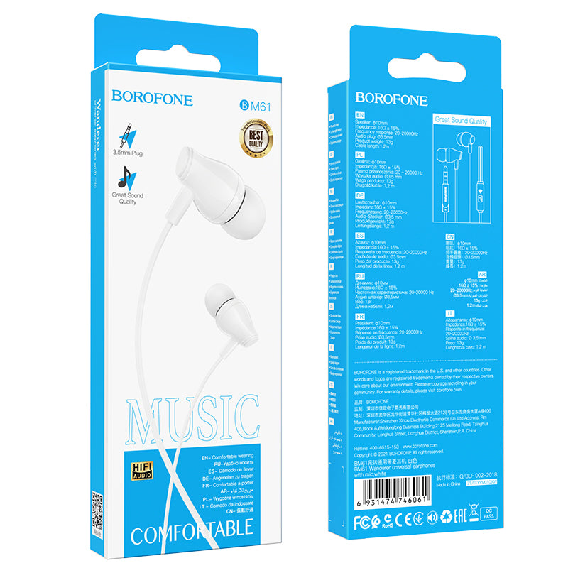 Handsfree 3.5mm Earphone BM61 Wanderer, White 