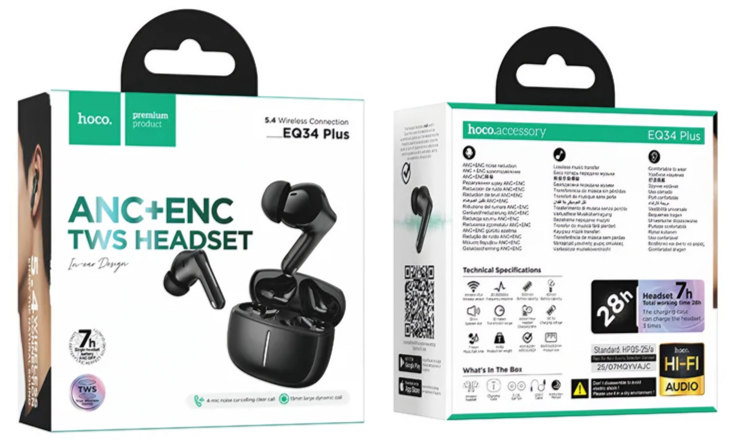 Bluetooth Handsfree HOCO EQ34 Plus, TWS, ANC, Black